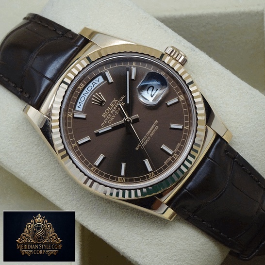 Rolex Day-Date 118139 Chocolate Dial Brown Leather Bracelet Replica