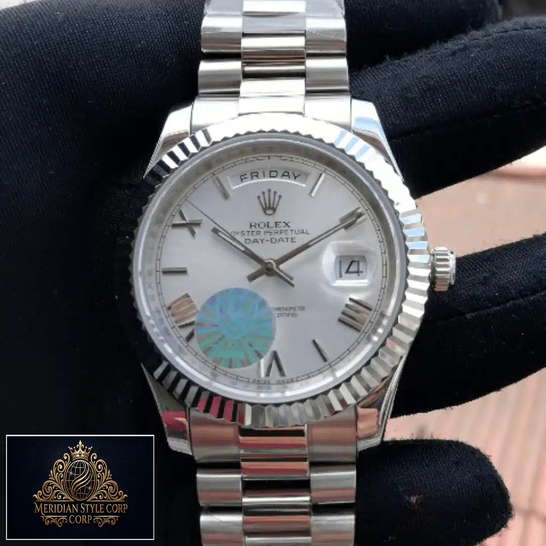 Day-Date 228239 Roman Fluted Bezel White Dial Replica on the hand