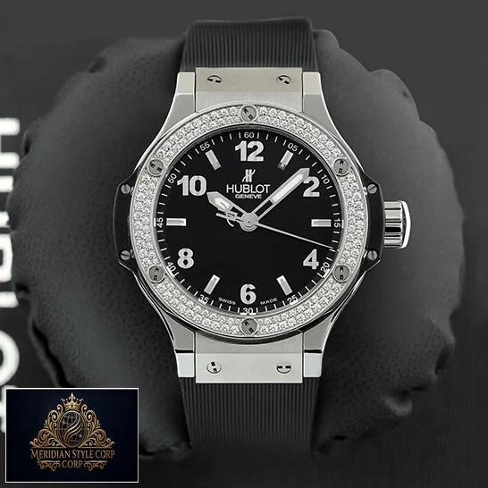Hublot Big Bang Steel Black Dial Diamond Bezel Replica in the box