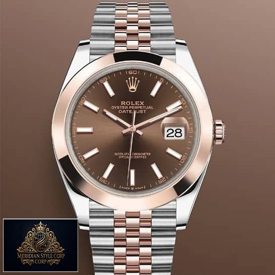 Rolex datejust everose gold replica jubilee bracelet and brown background