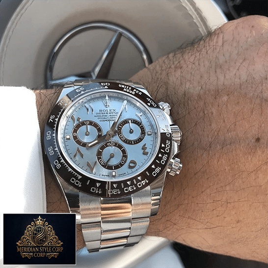 Rolex Daytona Platinum Ice-Blue/Hindu-Arabic Dial 116506-0001 Replica on his arm