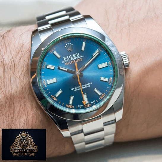 Rolex Milgauss 116400GV-0002 Blue Dial Replica on his arm
