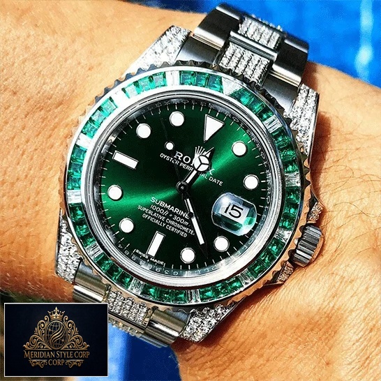 Rolex Submariner Hulk 116610LV Diamond Green Dial Iced Out Replica on his arm