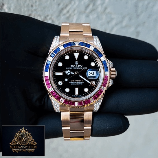 Rolex GMT-Master II 126755SARU Replica rose gold color and a gem bezel in red and blue