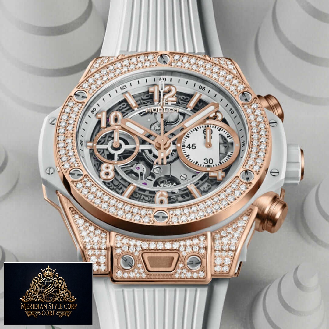 HUblot White Diamond Bezel Rubber Bracelet Replica white background