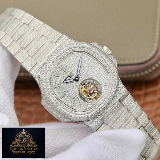 Patek Philippe 6980 Tourbillion White Iced Out Replica on the hand