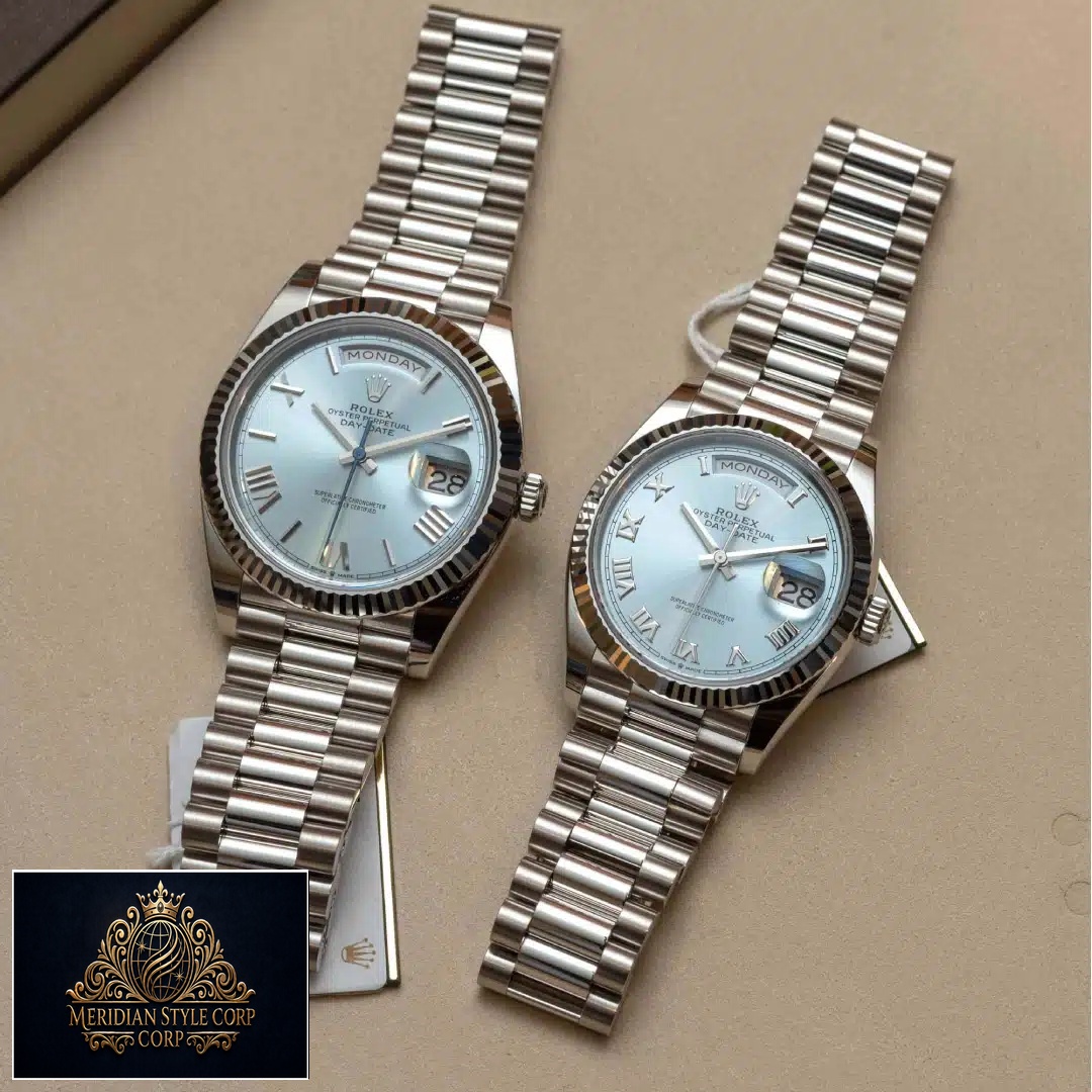 Rolex Day Date Perpetual 228236 Ice Blue Dial Replica on the table