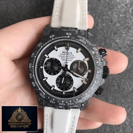 Rolex Daytona Carbon Cream Textile Bracelet Black Bezel Replica on his hands