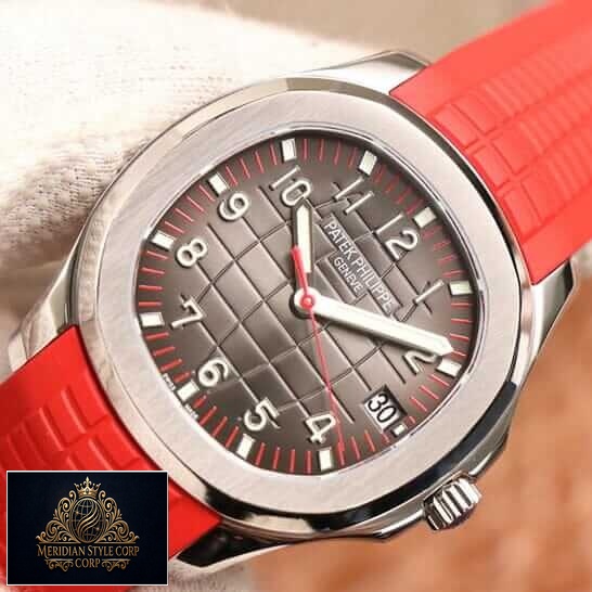 Patek Philippe Geneve Brown Dial Red Rubber Bracelet Replica on the hand