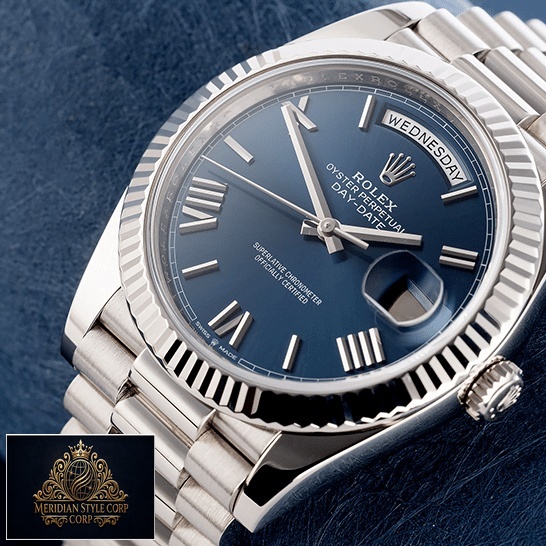 Rolex Day-Date 40 228239 Fluted Bezel Replica Blue Backround