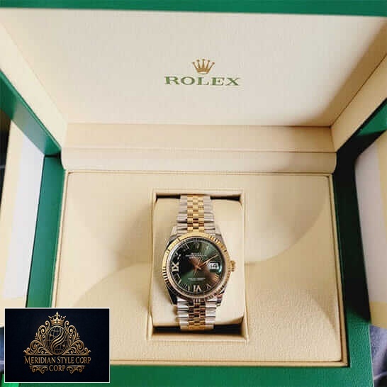 Rolex Roman Green Dial Steel Gold Replica in the rolex box