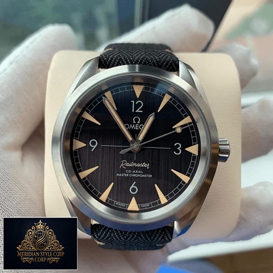 Omega Railmaster Black Dial & Buckle Bracelet Replica on the white glove hand