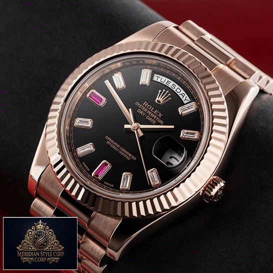 Rolex Day-Date II 218235 Replica Rose Gold Crown Pusher & Gem-Set Indices