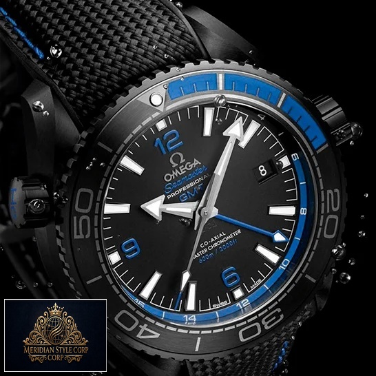 Omega Seamaster Planet Ocean Black Dial Blue Bezel Replica black background