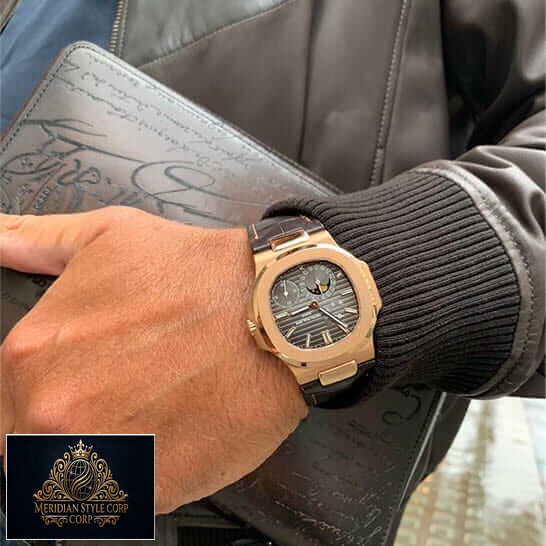 Patek Philippe Nautilus Gold Case Leather Bracelet Replica on the man wrist