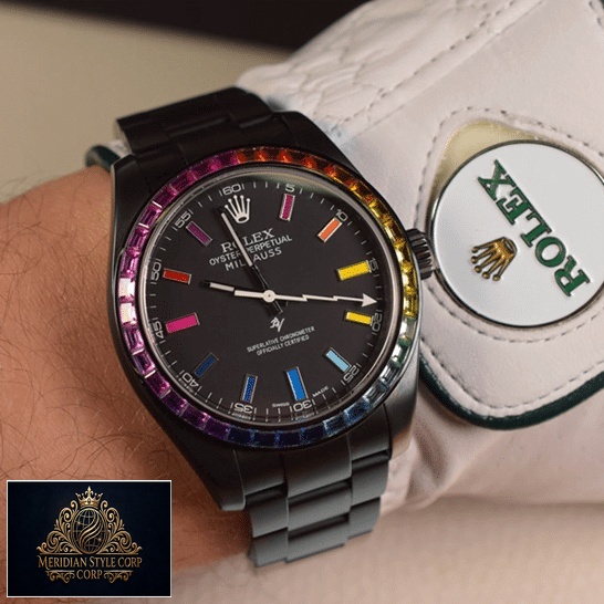 Rolex Milgauss 116400 Rainbow Gem-Set Bezel Replica on his arm