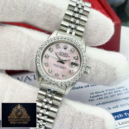 Rolex Datejust Stainless Steel Jubilee Bracelet Pink Diamond Dial Replica on the hand