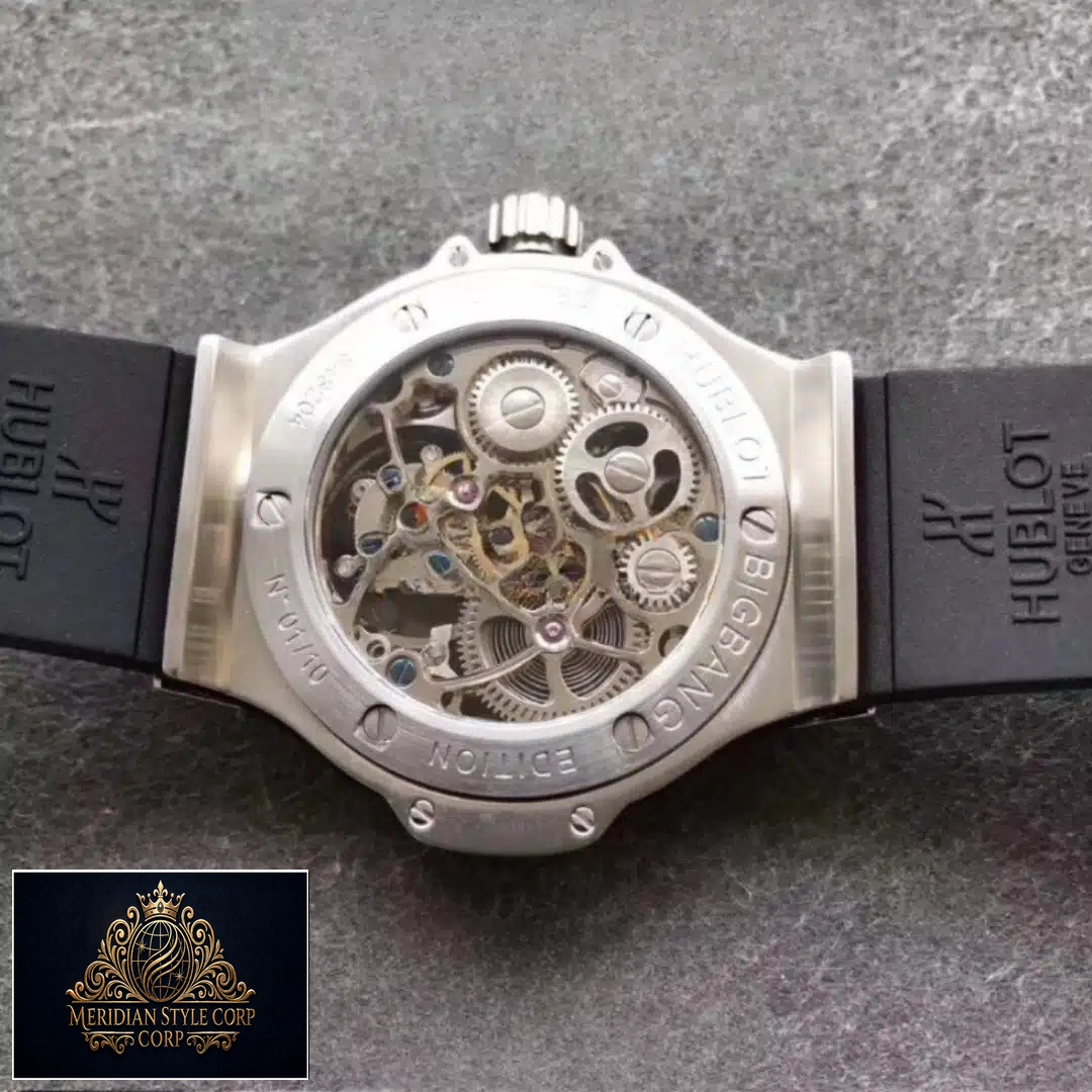 Hublot Bigbang tourbillion watch grey backgorund and stainless steel case