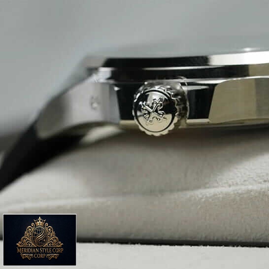 Patek Philippe Stailess Steel Case Replica crown on the logo side view