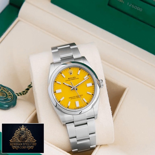 Rolex Perpetual 124300 Oyster Yellow Dial Replica in the Green Box