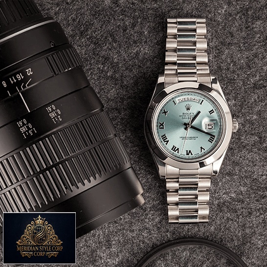 Rolex Day-Date II Stainless Steel Ice Blue Roman Dial 218206 Replica photo shoot