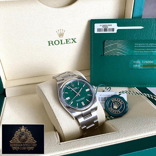 Rolex Oyster Perpetual 126000 Green Dial Replica & Guarantee Card in the Rolex Box