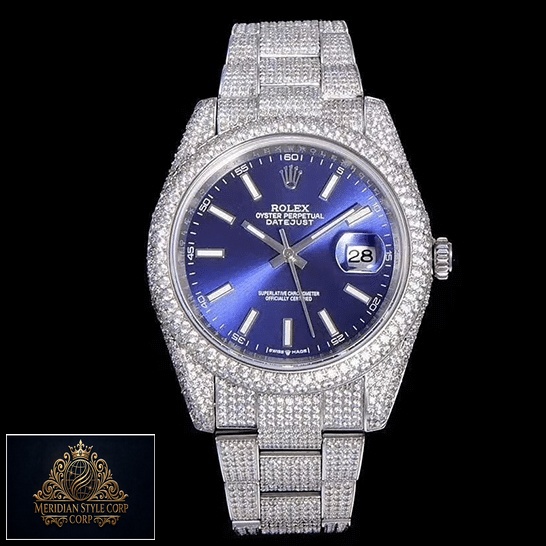 Rolex Datejust White Gold Blue Dial Iced Out 126300 Replica and black background