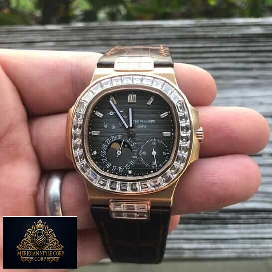 Patek Philippe Black Dial Brown Leather Bracelet Replica on the man hand