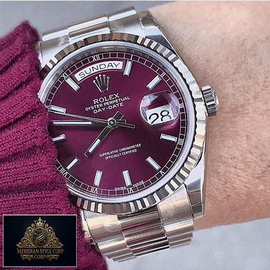 Rolex day-date purple stainless steel replica on the wrist