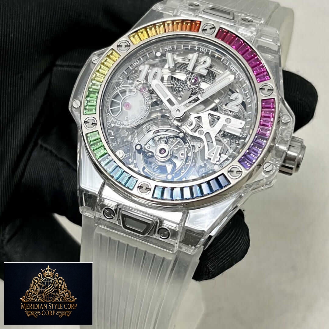 Hublot Big Bang Rainbow Bezel White Rubber Bracelet Replica on the black glove hand