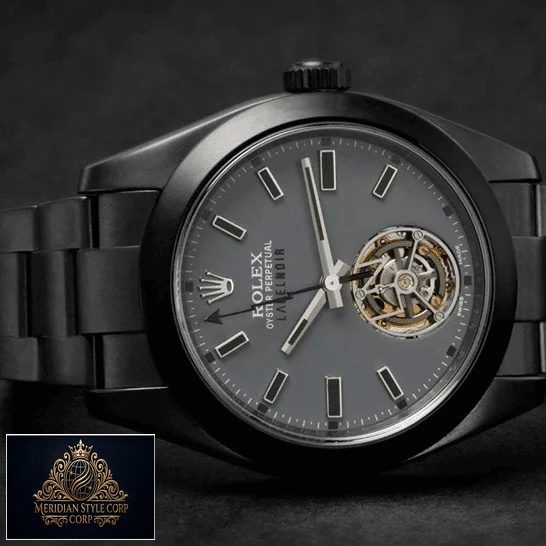 Rolex Label Noir Replica dial is grey in color with stick indeces and ceramic hour markers