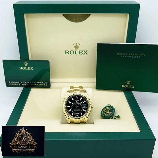 Rolex Sky-Dweller Black Dial Yellow Gold 326938-0004 Oyster Replica in the Green Rolex Box