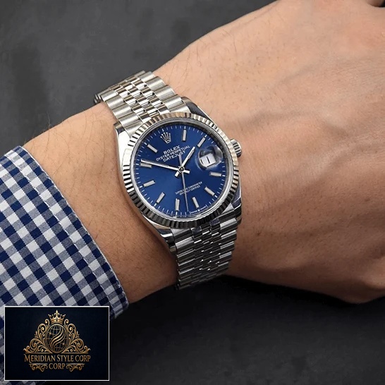 Rolex Datejust Stainless Steel Jubilee Blue Dial Replica on the man wrist