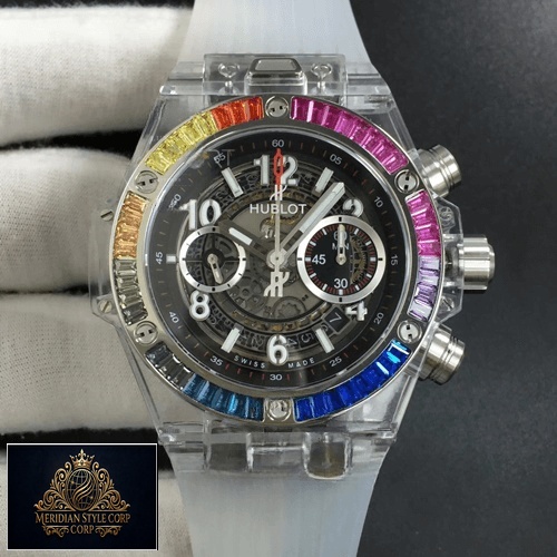 Hublot Big Bang Unico Magic Rainbox Bezel White Rubber Bracelet Replica on the hand