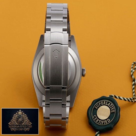 Rolex Perpetual 124300 Stainless Steel Oyster Bracelet Replica Fold Clasp on the Rolex Logo and Orange Background