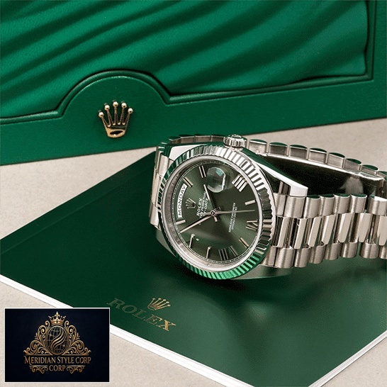 Rolex Day-Date 228239-0033 Romen Numerial Olive Green Dial Replica in front of Rolex Box