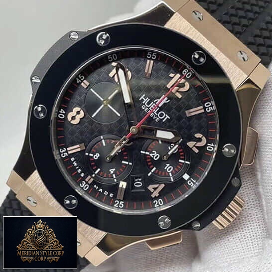 Hublot Big Bang Black Dial Gold Case Replica red second hand white background