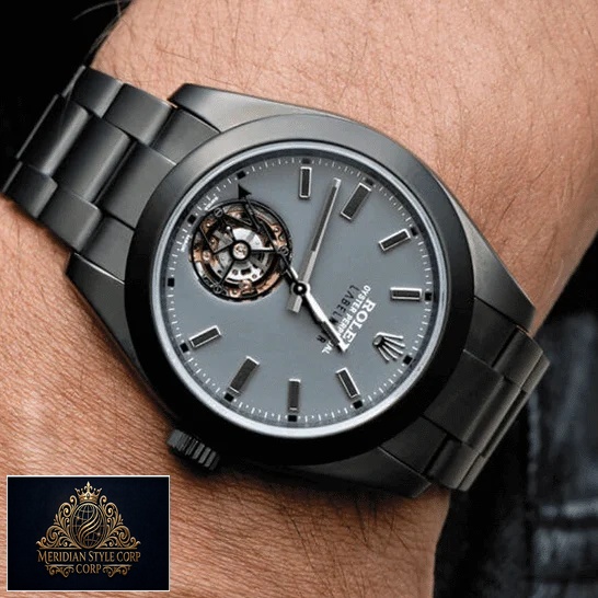 Rolex Label Noir Grey Tourbillon Dial Replica on his arm