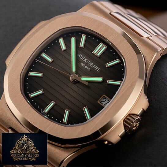 Patek Philippe Nautilus Geneve Black Dial Rose Gold Bezel Replica dial phospor