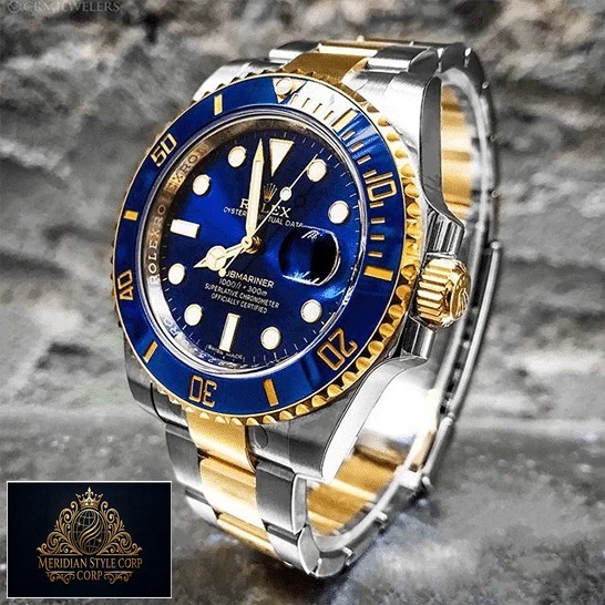 Rolex Submariner Date Two Tone Blue Dial 16613 Replica on the table
