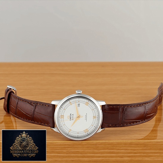 Omega De Ville Prestige White Dial Brown Leather Bracelet Replica on the table