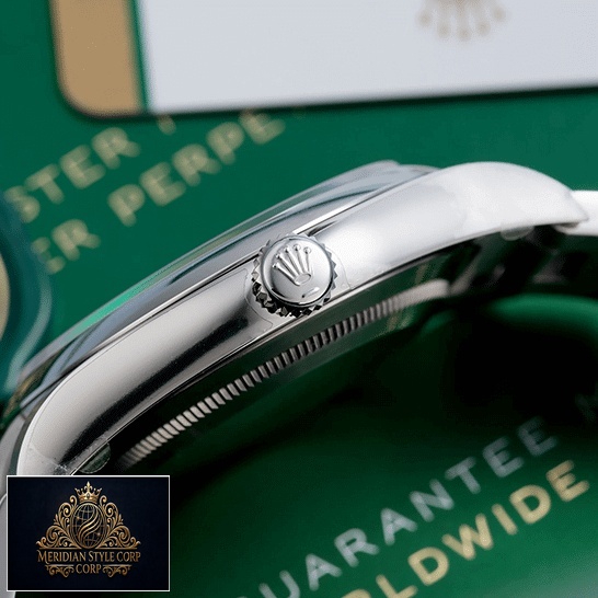 Rolex Datejust Perpetual 114300 Stainless Steel Case & Crown Pusher Replica Right Side on the table