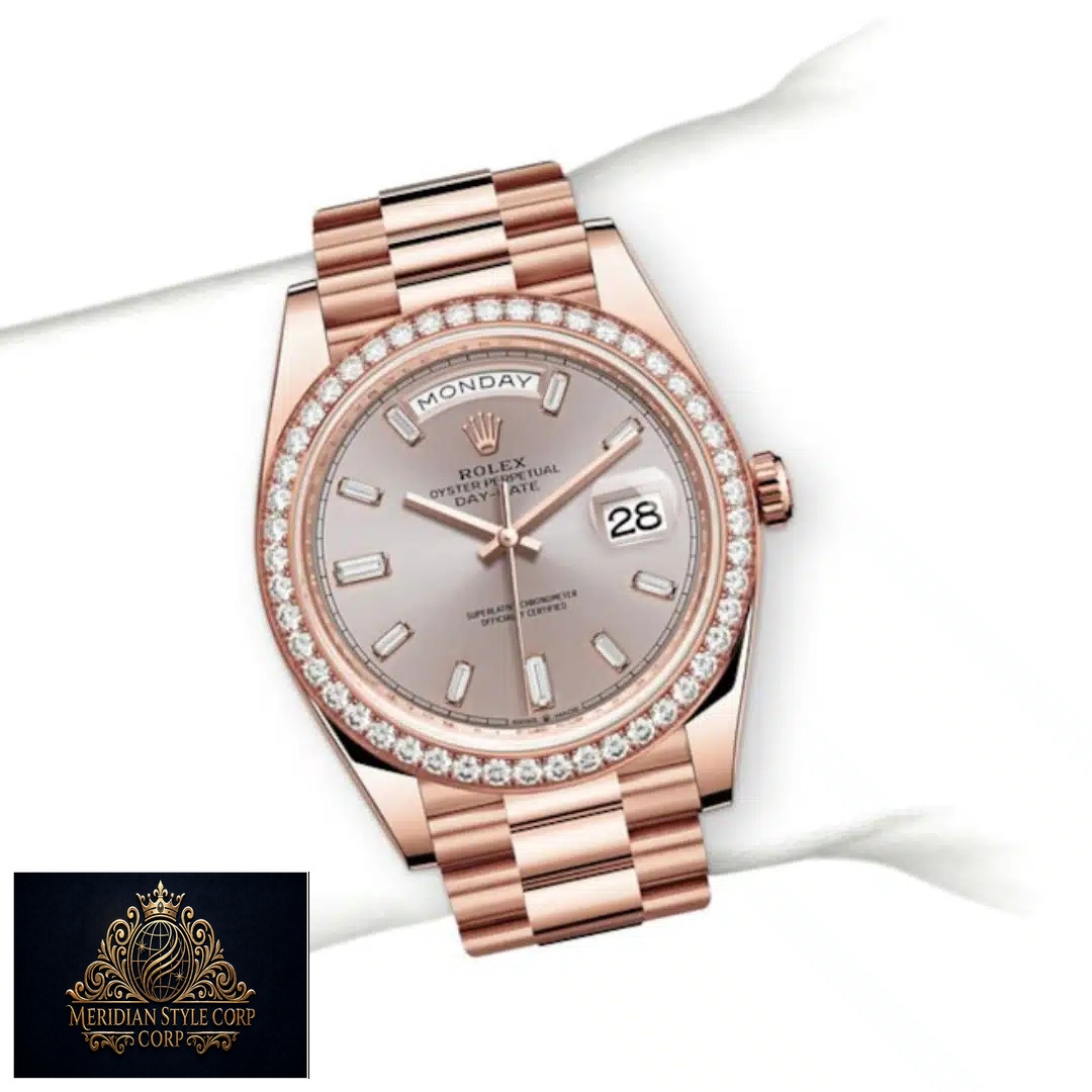 Rolex Day-Date Rose Gold Diamond Dial 128345PDP Replica Gem-Set bezel
