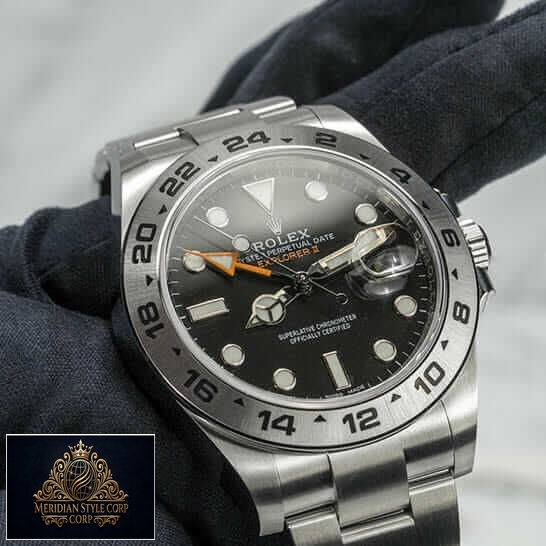 on the hand Rolex Explorer II 216570-0001 Black Dial and stick/dot indices Replica