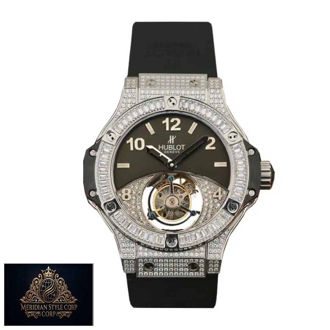 Hublot geneve tourbillion with diamonds black replica white backgorund