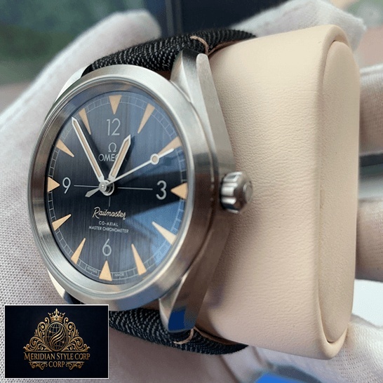 Omega Railmaster Black Dial Steel Case Replica on the stand