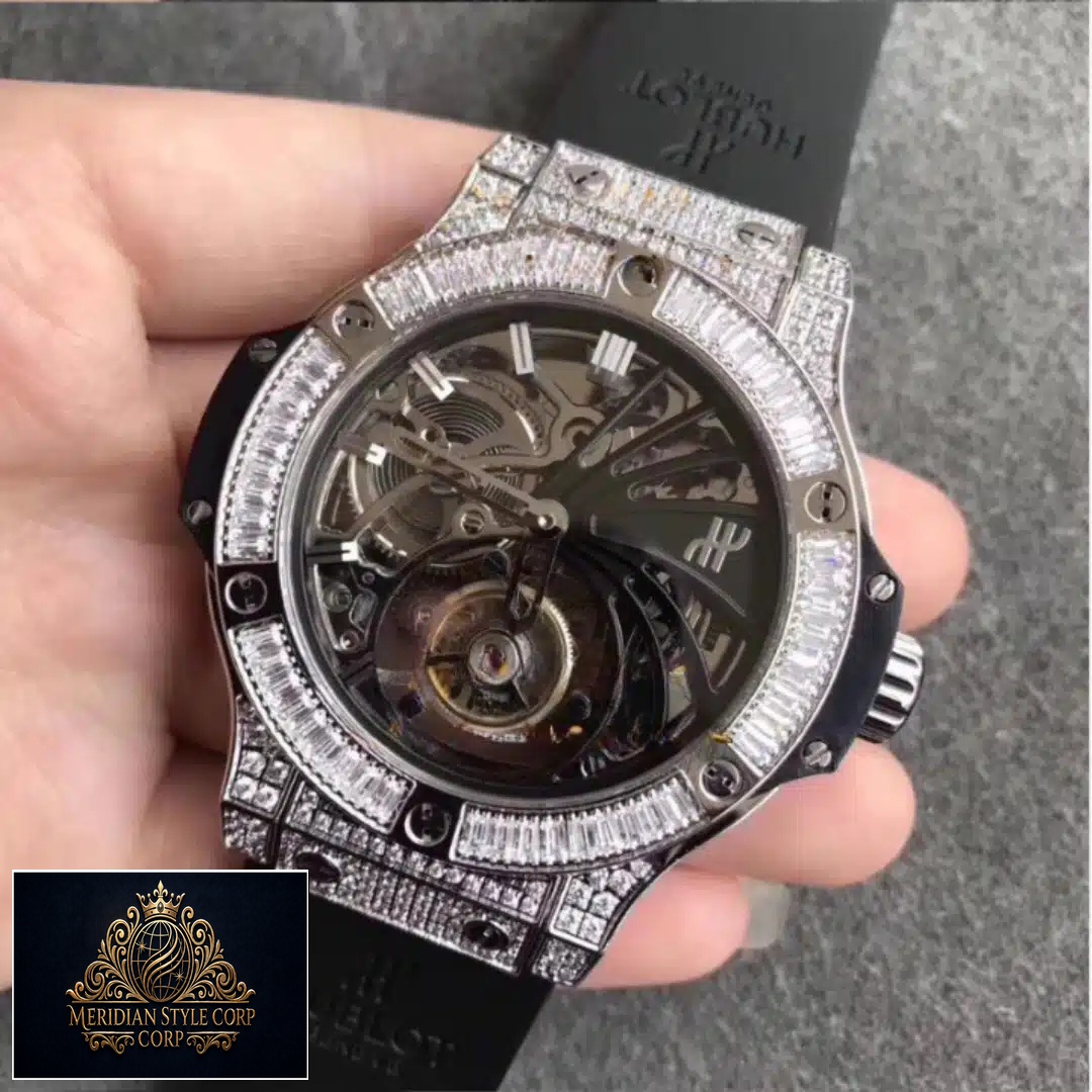 Hublot Skeleton Diamond Watch Replica on the hand view grey background