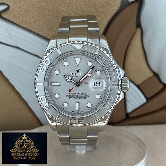Rolex Yacht Master Platinum White Dial Replica on the stand