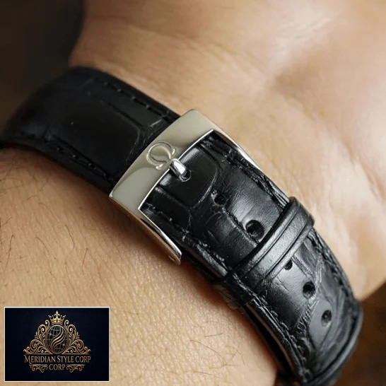 Omega Leather Black Bracelet Steel Clasp Replica upside view on the wrist