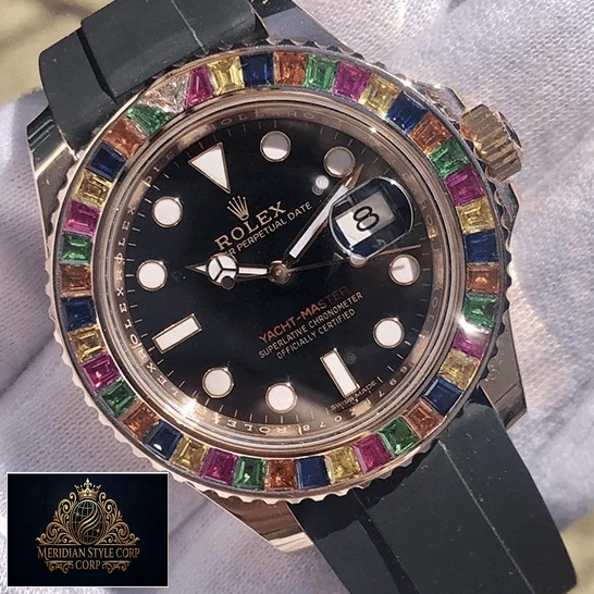Rolex Yacht-Master Gem-Set Bezel 116695 Super Clone Quality rolex perpetual yacht master with gem set bezel 116695 replica man dial Rolex Perpetual Yatch Master Gem Set 116695 Replica on the hand
